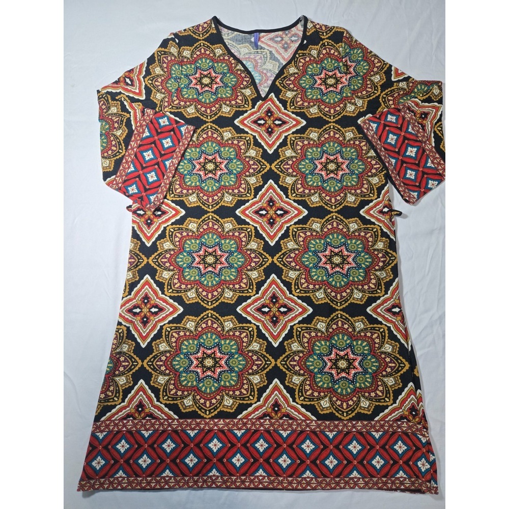 70s inspired Boho Medallion Print Tunic Dress Size 2X V Neck 3/4 Sleeve USA